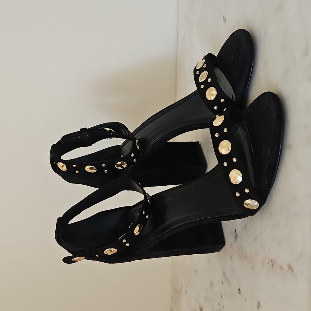 MAJE: Gold Stud Black Block Heels